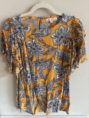 LOFT Mustard Yellow Black & White Floral Ruffle Sleeve Top